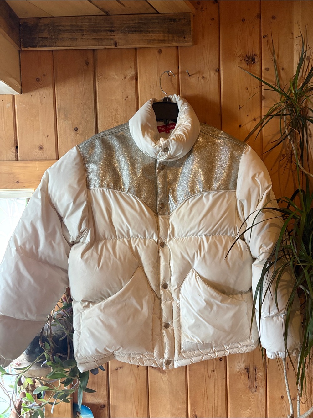 Supreme White Puffer Jacket with Silver Metallic Yoke